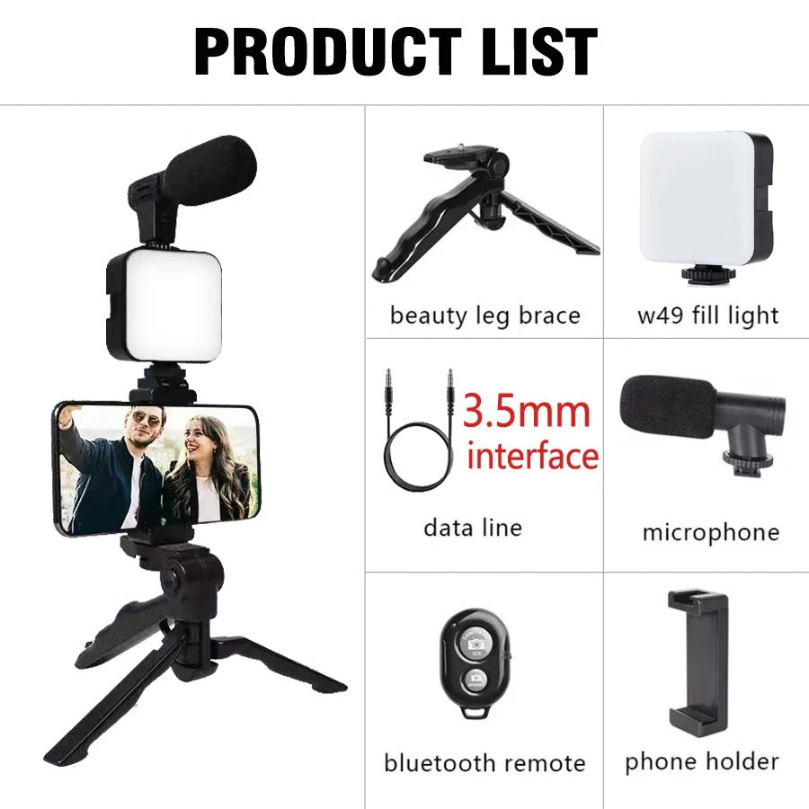 Smartphone Vlogging Kit With Tripod Phone Holder Mini Microphone LED Fill Light Starter For TikTok Live Stream Video YouTube