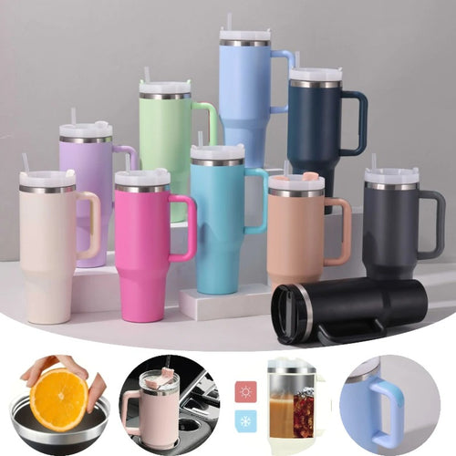 Portable Straw Cup Large 1200ml Metal Stainless Steel Vacuum Thermal Mug for Hot and Cold Coffee Insulated Tumbler with Hanlde
