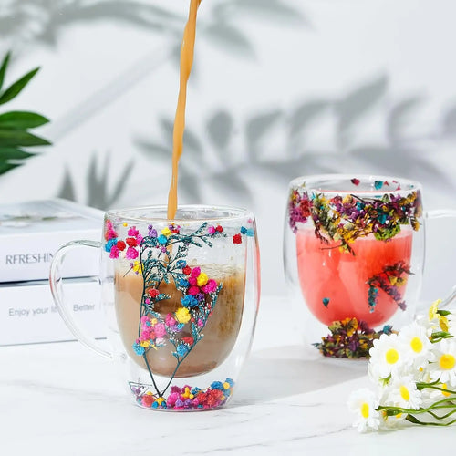 350ml Flower Double Wall Glass Cup With Handle Handmade Clear Espresso Cups Home Mug For Milk Latte Cappuccino Tea Water