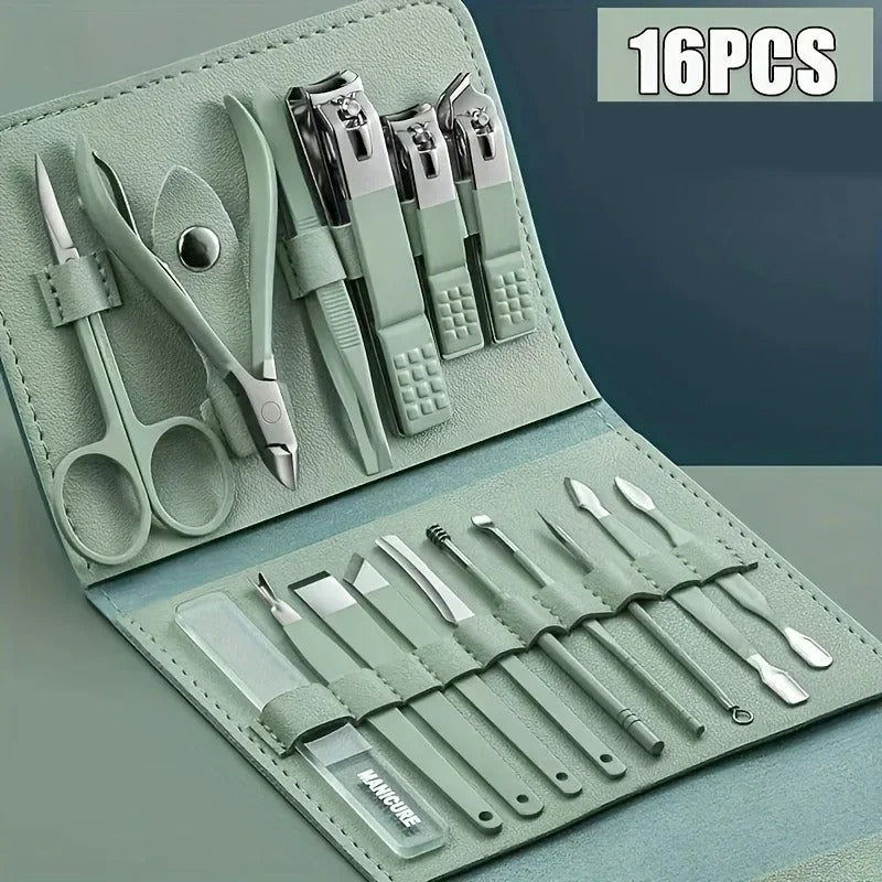 16pcs/set Nail Clipper Set Folding Bag Stainless Steel Finger Toe Nail Clipper Kit