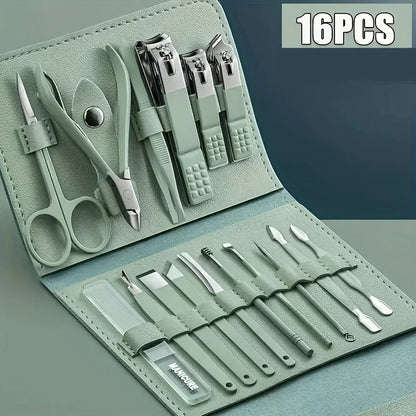 16pcs/set Nail Clipper Set Folding Bag Stainless Steel Finger Toe Nail Clipper Kit