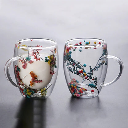 350ml Flower Double Wall Glass Cup With Handle Handmade Clear Espresso Cups Home Mug For Milk Latte Cappuccino Tea Water