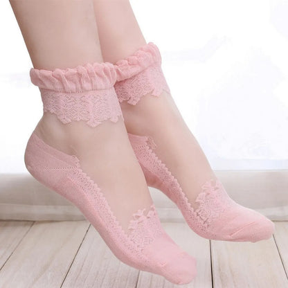 pack of 4 Sheer summer socks with lace flowers and crystal details.