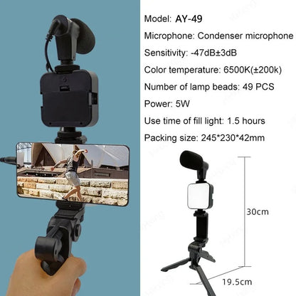 Smartphone Vlogging Kit With Tripod Phone Holder Mini Microphone LED Fill Light Starter For TikTok Live Stream Video YouTube