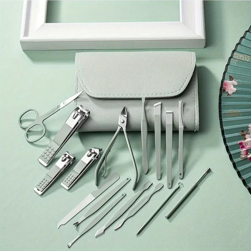 16pcs/set Nail Clipper Set Folding Bag Stainless Steel Finger Toe Nail Clipper Kit