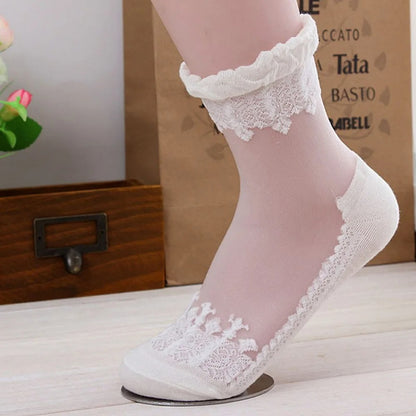 pack of 4 Sheer summer socks with lace flowers and crystal details.
