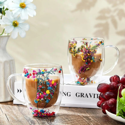 350ml Flower Double Wall Glass Cup With Handle Handmade Clear Espresso Cups Home Mug For Milk Latte Cappuccino Tea Water