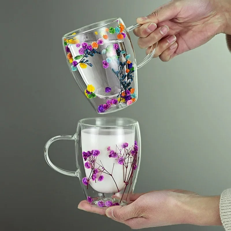 Double Layer Glass Cup Creative Flower Pattern Coffee Mug High Borosilicate Insulated Cup Kitchen Drinkware Home Accessories
