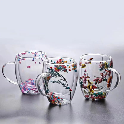 350ml Flower Double Wall Glass Cup With Handle Handmade Clear Espresso Cups Home Mug For Milk Latte Cappuccino Tea Water