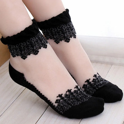 pack of 4 Sheer summer socks with lace flowers and crystal details.