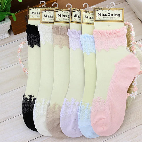 pack of 4 Sheer summer socks with lace flowers and crystal details.